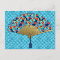 Deco Fan - Flowers in Cobalt, Turquoise and Red