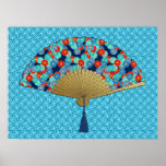 Deco Fan -  Flowers in Cobalt, Turquoise and Red Poster<br><div class="desc">An Art Deco Japanese fan art print in a traditional,  stylised chrysanthemum pattern used in Japanese textiles,  in shades of blue,  turquoise and bright red,  outlined in gold,  on dark blue,  with an embossed gold base and a coordinating deco patterned background</div>