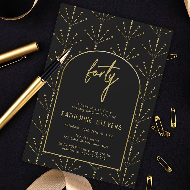 Deco Fans Fireworks Gold Boho Frame 40th Birthday Invitation (deco 40th birthday invitation gold fans fireworks boho arch black elegant art diy template card)