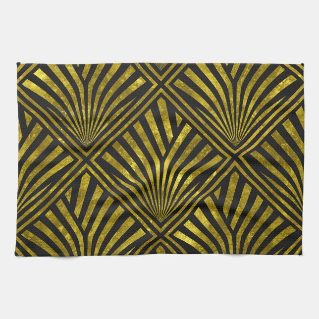 Deco Glam: Gold & Black Pattern Tea Towel (Horizontal)