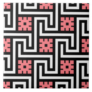 Deco Greek Key, Black, White and Coral Pink Ceramic Tile