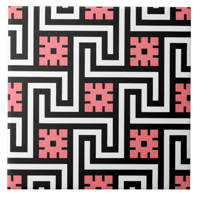 Deco Greek Key, Black, White and Coral Pink Ceramic Tile (Front)