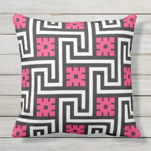 Deco Greek Key, Black, White and Fuchsia Pink Outdoor Cushion