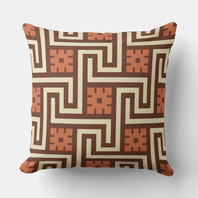 Deco Greek Key, Brown, Beige and Rust Outdoor Cushion (Front)