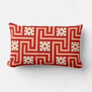 Deco Greek Key, Coral Orange and Beige Lumbar Cushion