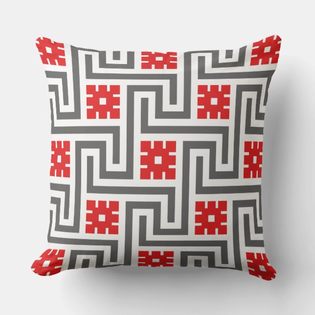 Deco Greek Key, Deep Red, White and Grey / Grey Outdoor Cushion (Front)