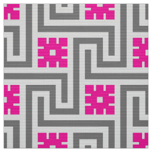 Deco Greek Key, Grey / Grey and Fuchsia Pink Fabric