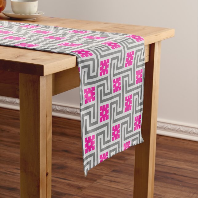 Deco Greek Key, Grey / Grey and Fuchsia Pink Short Table Runner (In Situ)
