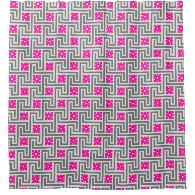 Deco Greek Key, Grey / Grey and Fuchsia Pink Shower Curtain (Front)
