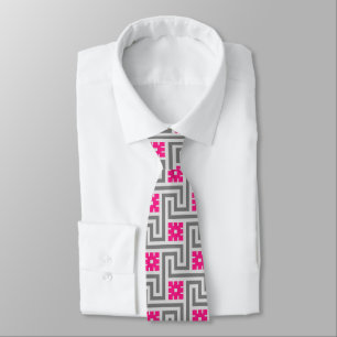 Deco Greek Key, Grey / Grey and Fuchsia Pink Tie