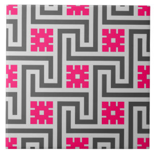 Deco Greek Key, Grey / Grey and Fuchsia Pink Tile