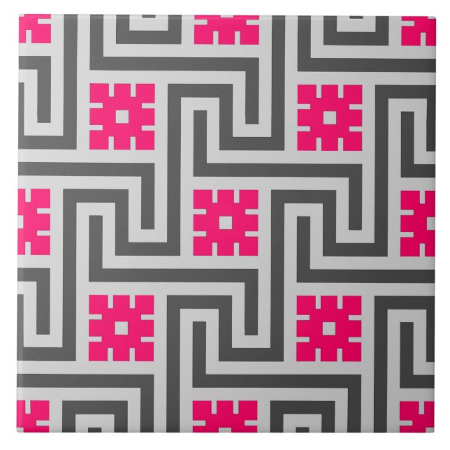 Deco Greek Key, Grey / Grey and Fuchsia Pink Tile (Front)