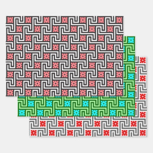 Deco Greek Key, Pink, Green, Red & Grey Wrapping Paper Sheet