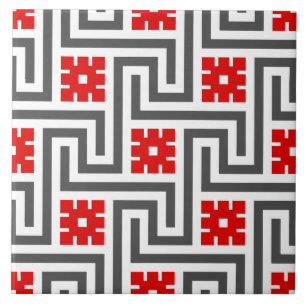 Deco Greek Key, Red, White and Grey / Grey Ceramic Tile