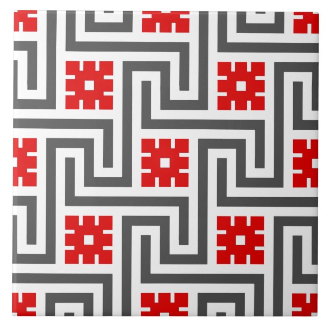 Deco Greek Key, Red, White and Grey / Grey Ceramic Tile (Front)