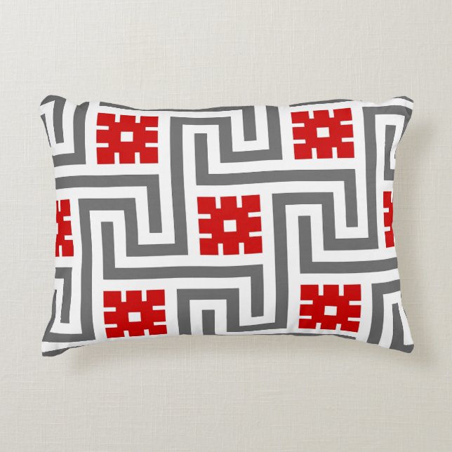 Deco Greek Key, Red, White and Grey / Grey Decorative Cushion (Front)