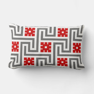 Deco Greek Key, Red, White and Grey / Grey Lumbar Cushion