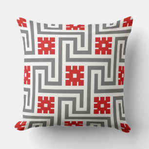 Deco Greek Key, Red, White and Grey / Grey Outdoor Cushion