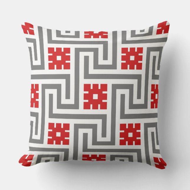 Deco Greek Key, Red, White and Grey / Grey Outdoor Cushion (Front)
