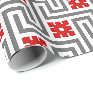 Deco Greek Key, Red, White and Grey / Grey Wrapping Paper