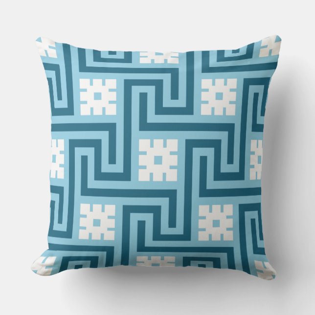 Deco Greek Key, Sky Blue and Navy Cushion (Front)