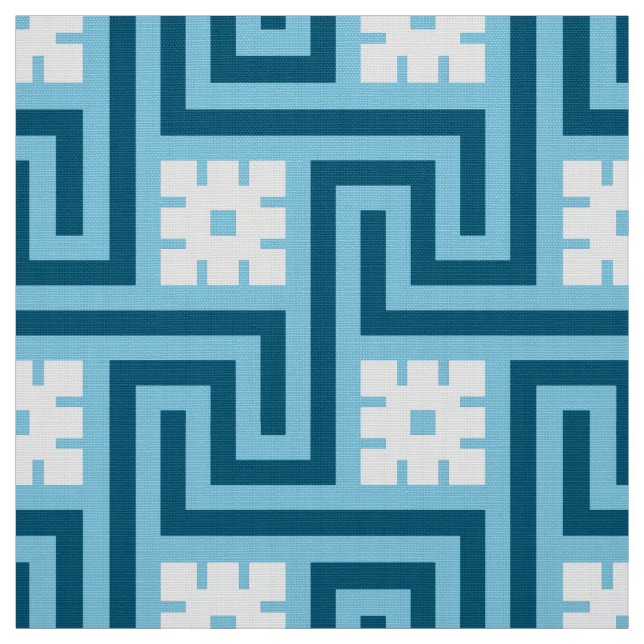 Deco Greek Key, Sky Blue and Navy Fabric (Swatch)