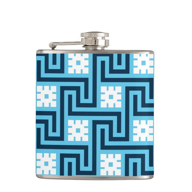 Deco Greek Key, Sky Blue and Navy Hip Flask (Front)
