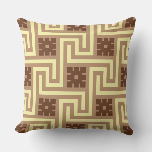 Deco Greek Key, Tan, Brown and Yellow Cushion (Front)