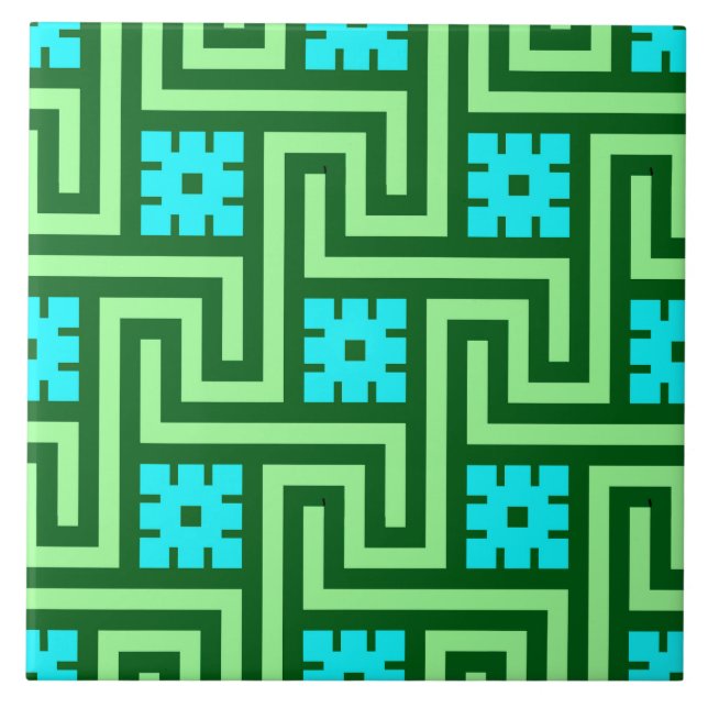Deco Greek Key, Turquoise and Jade Green Ceramic Tile (Front)