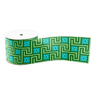 Deco Greek Key, Turquoise and Jade Green Grosgrain Ribbon