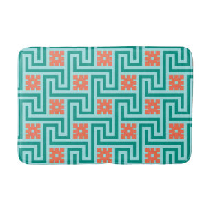 Deco Greek Key, Turquoise, Aqua and Coral Bath Mat