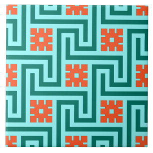 Deco Greek Key, Turquoise, Aqua and Coral Ceramic Tile