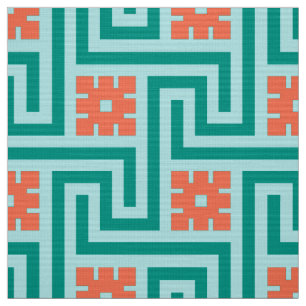 Deco Greek Key, Turquoise, Aqua and Coral Fabric