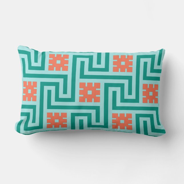 Deco Greek Key, Turquoise, Aqua and Coral Lumbar Cushion (Front)