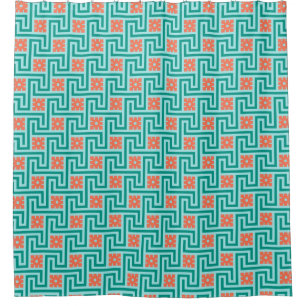 Deco Greek Key, Turquoise, Aqua and Coral Shower Curtain