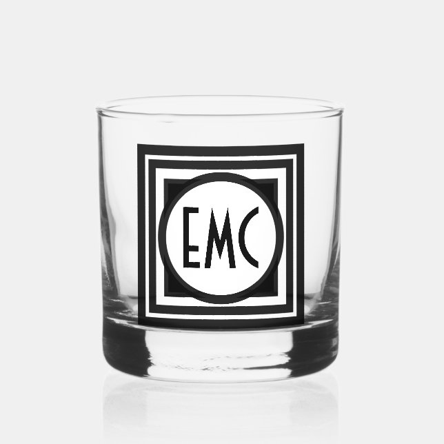 Deco Inspired Circle Square Triple Monogram Whiskey Glass (Front)