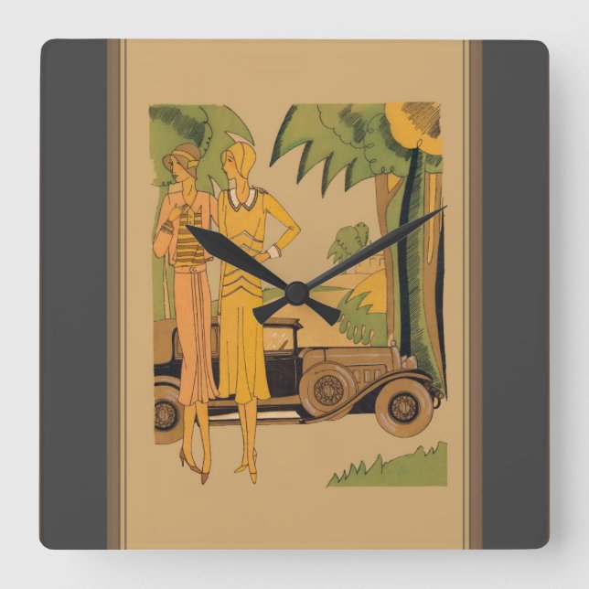 Deco Ladies And Car Square Wall Clock (Front)