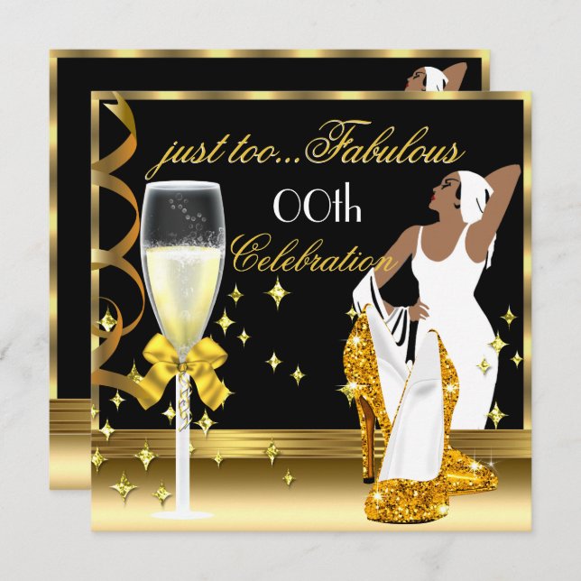 Deco Lady Gold Black Too Fabulous Birthday Invitation (Front/Back)