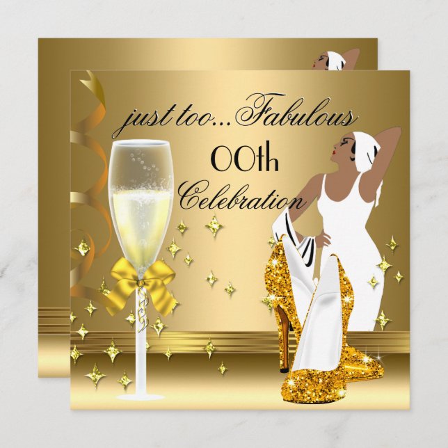 Deco Lady Gold Too Fabulous Birthday Invitation (Front/Back)