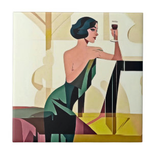Deco Lady in Green Modern Art Ceramic Tile