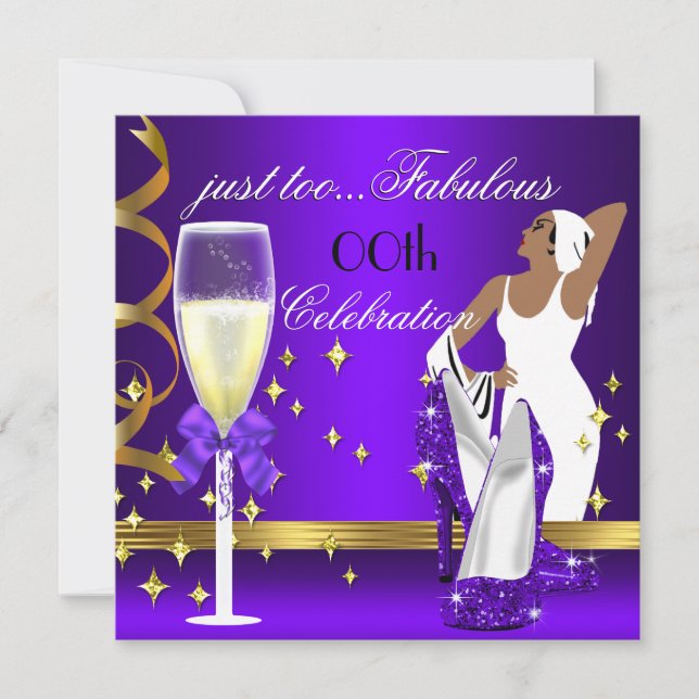 Deco Lady Purple Gold Too Fabulous Birthday Invitation (Front)