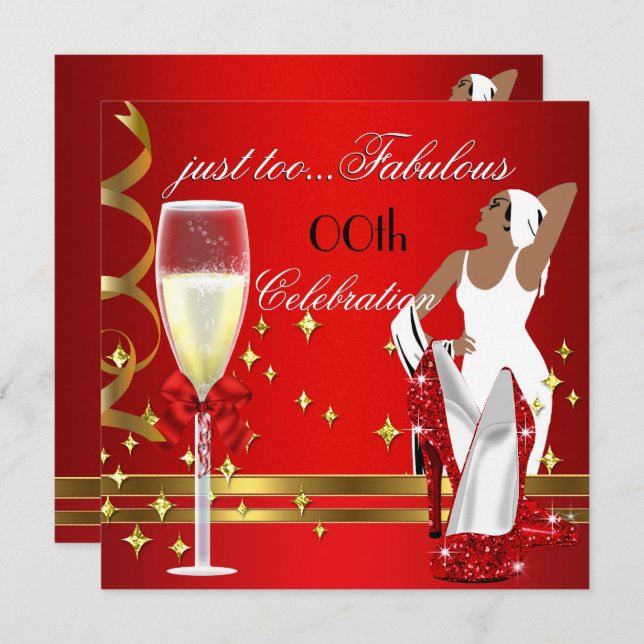 Deco Lady Red Gold Too Fabulous Birthday Party 2 Invitation (Front/Back)