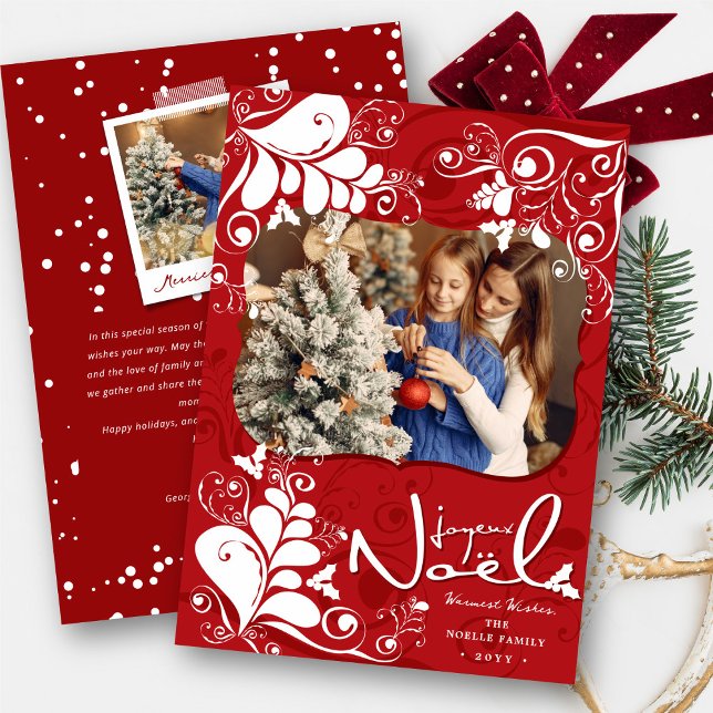 Deco Leaves Mistletoes Joyeux Noel Christmas Photo Holiday Card (Creator Uploaded)
