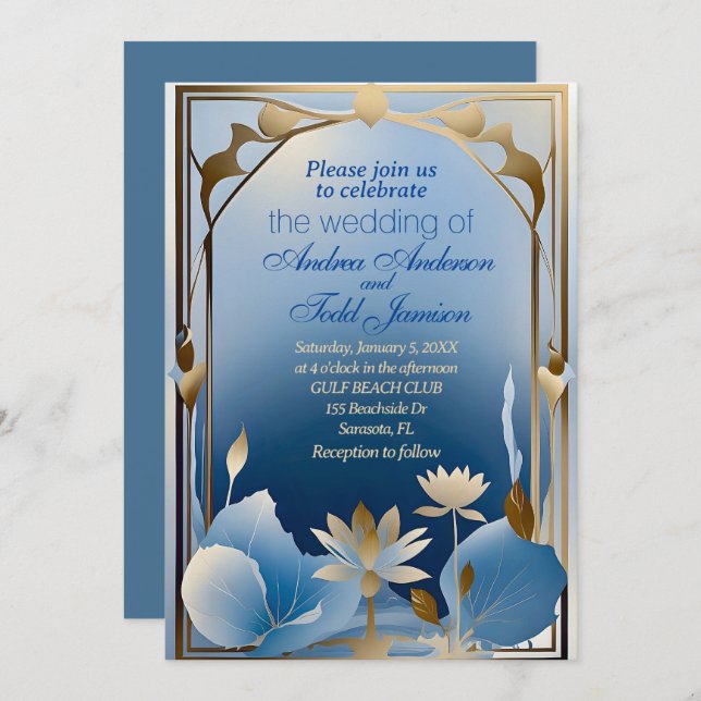 Deco minimalism blue gold lotus flower wedding  invitation (Front/Back)