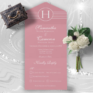 Deco Modern Monogram Dusty Pink Dinner All In One Invitation