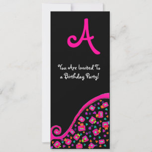 DECO MONOGRAM BIRTHDAY PARTY, fuchsia black silver Invitation