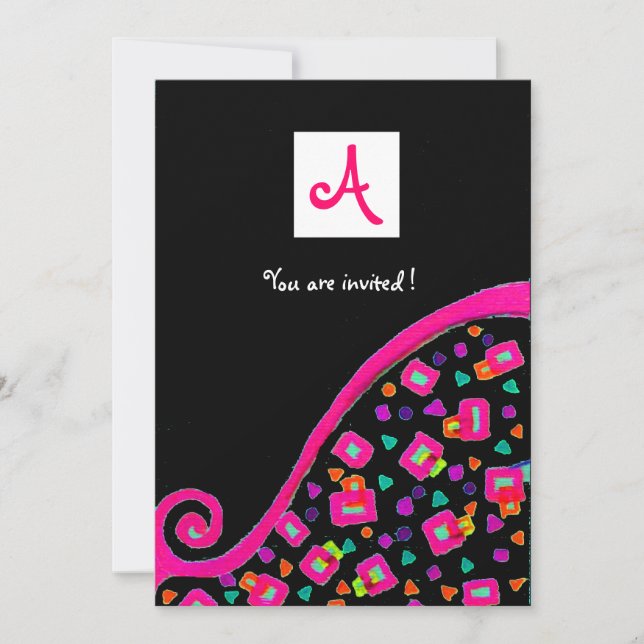 DECO MONOGRAM,black ,pink violet white Invitation (Front)