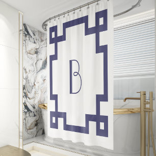 Deco Monogram Initial Navy Blue Greek Key Border Shower Curtain