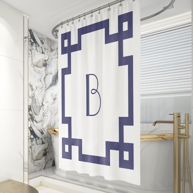 Deco Monogram Initial Navy Blue Greek Key Border Shower Curtain (Creator Uploaded)