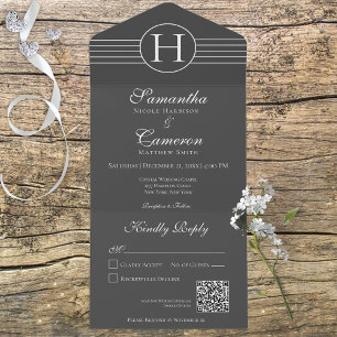 Deco Monogram Modern Charcoal Black QR Code All In One Invitation